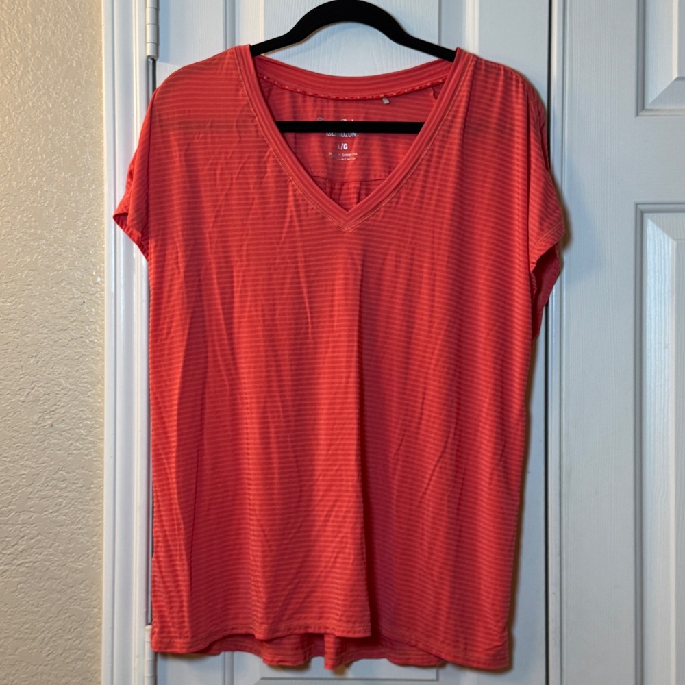 Tommy Bahama Islandzone Blouse Top Women's Size Large Orange Red Stripe V Neck